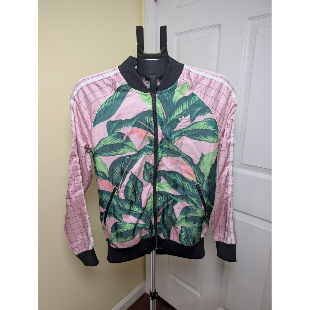 Adidas x Farm Rio Track Jacket Womens M Pink Tropical Palm Leaf Grid Full Zip